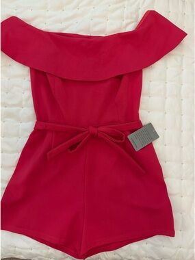 Off-Shoulder Hot Pink Romper with Waist Tie